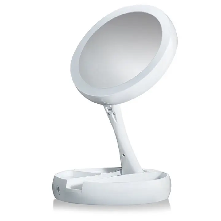 Merca9-Espejo Led Plegable Carga USB o Batería Aumento 10X con Luz Organizador Cosmetiquero Portátil Blanco Tocador Maquillaje Doble Joyero Viaje - 1