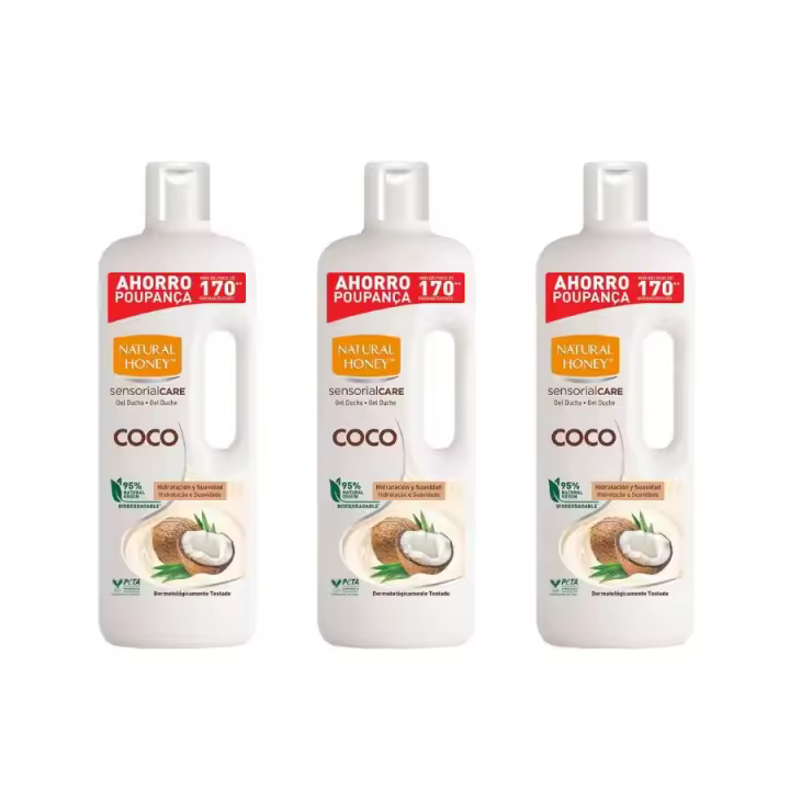 Natural Honey Gel de Baño SensorialCare Coco – Pack 3x1350 ml | Hidratación Profunda y Suavidad Extra | Aroma Exótico y Duradero | Cuidado Diario para Todo Tipo de Piel【ROUA】 - 1