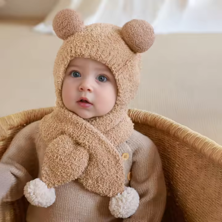 Set De Gorro Y Bufanda Para Bebé De Invierno Coral Fleece Cálido Para Niños Y Niñas Con Cuello Calentador Estilo Lindo Y Protección De Orejas - 1