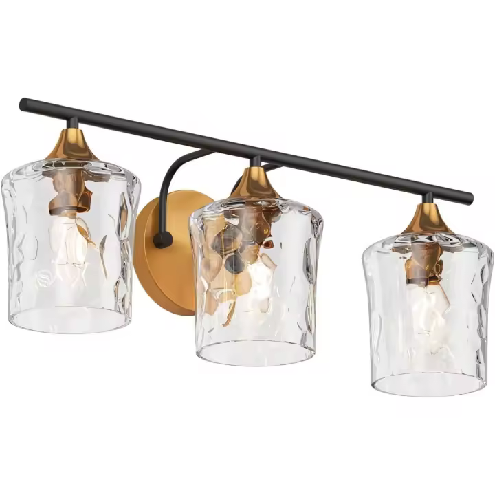 Lámpara de tocador de baño de 20,07 pulgadas, apliques de pared industriales de 3 luces con pantallas de vidrio martillado, acabado negro mate y dorado, iluminación de tocador vintage sobre espejo para dormitorio E26 - 1