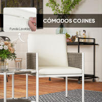 Outsunny Conjunto de Jardín Exterior de 3 Piezas Juego de 2 Sillas y Mesa de Ratán con Cojines Acolchados y Encimera de Vidrio para Balcón Terraza Marrón y Crema - details 4