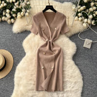 Vestido Tejido REALEFT 2025 Para Mujer Verano Cuello En V Corto Manga Metálico Botones Cintura Alta A-Line Longitud Media - details 4