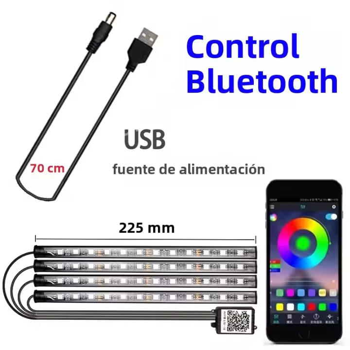 Tira De Luz LED Para Coche Con 48 LEDs Control Bluetooth APP USB Impermeable RGB Multicolor Para Atmosfera Interior Del Coche - 1