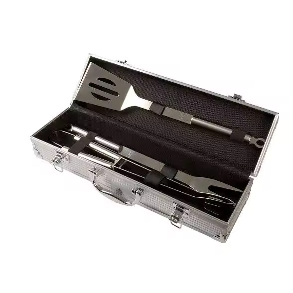 4U de Comercio en línea 3 piezas Set de – Cubertería de acero inoxidable en estuche de aluminio barbacoa parrilla Barbacoa Espátula Pinzas de barbacoa tenedor de carne barbacoa accesorios - 1
