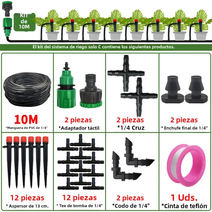 Kit De Riego Por Drip Automático Para Jardín 1/4'' 13CM Regadío Para Bonsái Maceta Flor Vegetal Invernadero Material Plástico - 1