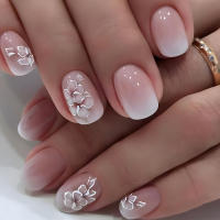 24pcs/set Uñas Postizas Cortas De Acrílico Estilo Francés Con Diseño De Flores Y Mariposas Para La Temporada De Primavera Y Verano Artículos De Belleza Para Uñas - details 0