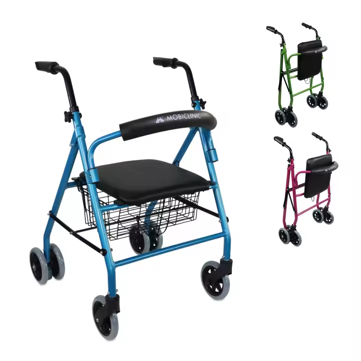Mobiclinic® Andador para ancianos Modelo Prado Rollator de Aluminio ligero y plegable frenos por presión con Asiento cesta y 4 ruedas Caminador para mayores Marca Española Color Burdeos - 1