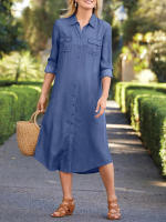Vestido De Denim Vintage De Verano 2024 Para Mujer Estilo Callejero Elegante Con Bolsillos Y Cuello Volteado De Medio Tamaño - details 5