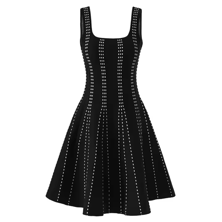 New Summer 2025 Mujer Sin Mangas Vestido De Encaje Negro Con Patrón Geométrico De Alta Calle Moda Europea Y Americana - 1