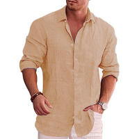 Camisa De Manga Larga Para Hombre Talla Grande Estilo Casual De Algodón Y Lino Color Sólido Camisa De Otoño Popular - details 5