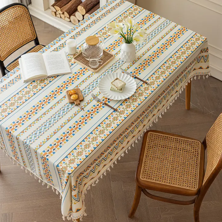 Mantel Rectangular de Lino y Algodón jacquard fácil de limpiar con borlas, lavable, resistente a Las arrugas y al agua, 120x180 cm (C) - 1