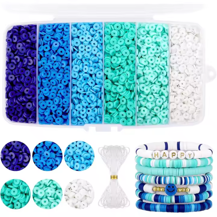 6000 Pcs Flat Clay Beads Blue, Funtopia Clay Beads for Bracelets Making, Heishi Beads Polymer Clay Beads kit for Jewelry Making (6mm) - 1