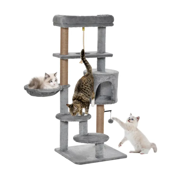 PawHut Árbol Rascador para Gatos Altura 120 cm Torre de Gatos con Plataformas Cueva Hamaca Postes de Yute Cuerda Divertida Bola Colgante 48x48x120 cm Gris - 1