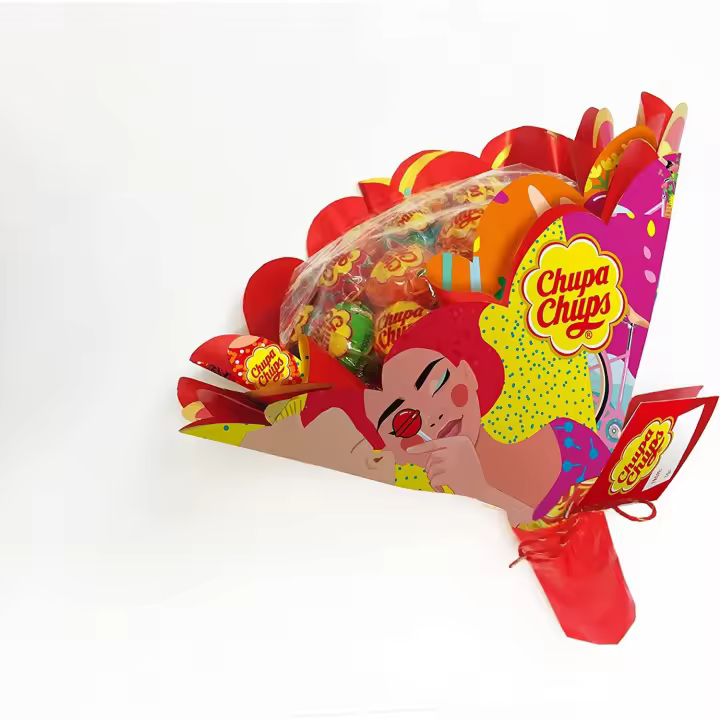 Chupa Chups Flower Bouquet - Ramo de caramelos con palo Chupa Chups de sabores surtidos: fresa, manzana, limón, cereza, sandía y naranja. El producto contiene 19x12 gr. de caramelos con palo - hora en este formato de ramo ideal para regalar - 1