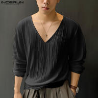 Camiseta De Hombre INCERUN Estilo Coreano 2024 Moda Casual Cuello V Pleated Suelto Manga Larga Cómoda Tallas S-5XL - details 2