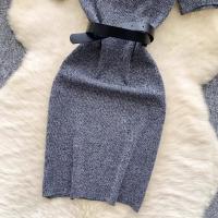 New Chic Fashion Belt Wrap Hips Sweater Dress Knitted Slim Waist Bodycon Dress for Women Elegant Office Casual above Knee - details 8