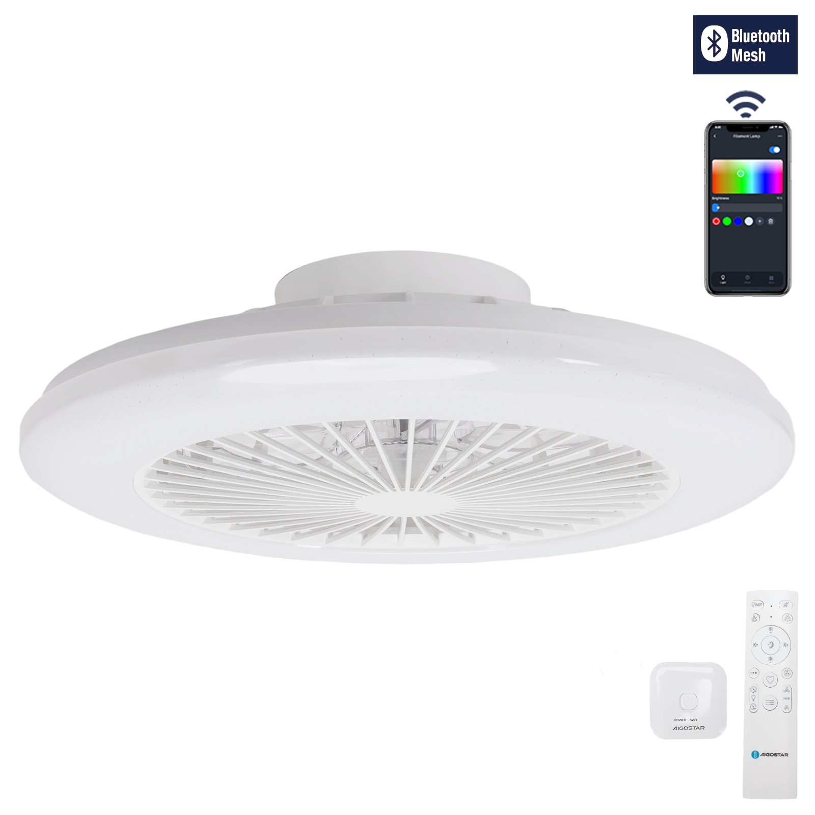 Aigostar- Ventilador Techo Alexa, Luz LED 40W, 4400LM, 2700K-6500K y RGB Regulable, Lampara Ventilador Techo Inteligente con Mando a Distancia y Gateway, Silencioso, 6 Velocidades, Diameter 50CM