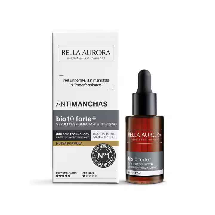 Bella Aurora BIO10 FORTE+ Serum Despigmentante Gotero | Reduce manchas oscuras de sol, edad y hormonales | Con ácido tranexámico y vitamina C | Protección UVA, UVB, IR y luz azul | 30ml - 1