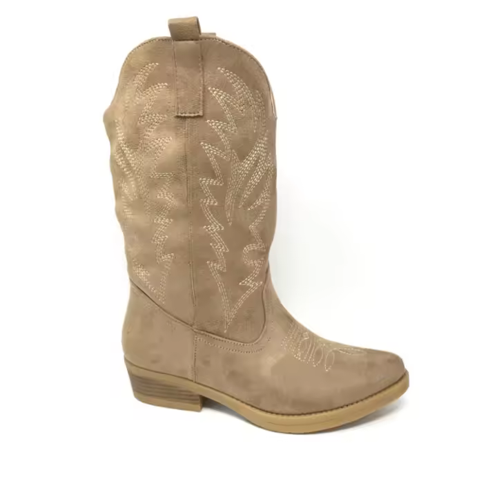 Botines Cowboy Mujer, Otoño Invierno, Antelina Bordado, Negros, Camel Marrón, kakhi, Zapato Cerrado Caña Alta, Tacón Bajo - 1
