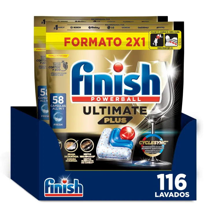 Finish Powerball ULTIMATE PLUS ALL IN 1 x116 x174 x232 Pastillas para Lavavajillas, Limpieza Intensiva, Elimina Restos Quemados, Brillo Diamante, Cuida y Protege - 1