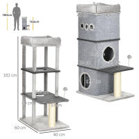 PawHut Barril Rascador para Gatos de 3 Niveles Altura 102 cm Torre para Gatos con Caseta de Fieltro Desmontable Poste de Sisal Cama y Bola de Juguete 60x40x102 cm Gris - details 3