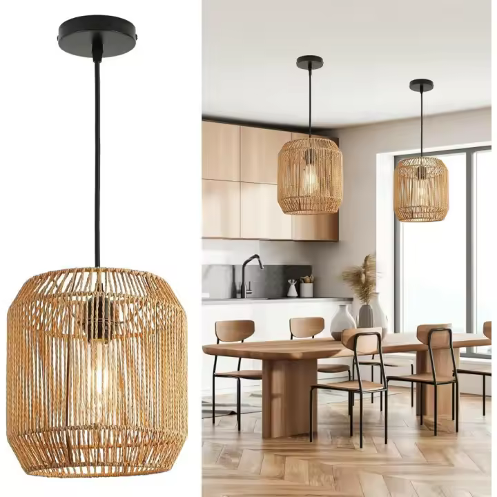 Lámpara Colgante de Ratán Natural 26 cm – Pantalla Tejida a Mano con Portalámparas E27, Estilo Boho Vintage para Salón, Dormitorio o Comedor - 1