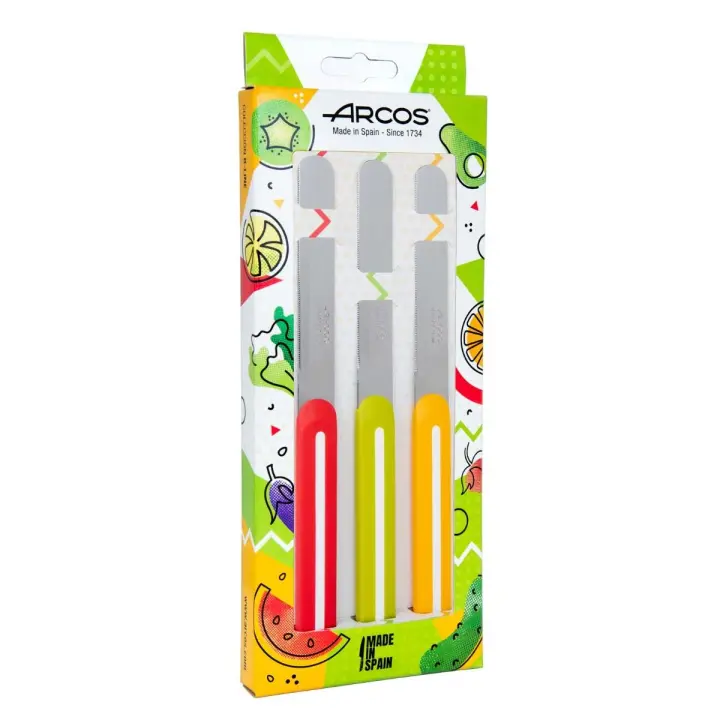 Arcos Juego Cuchillos Paring 3 piezas Acero Inoxidable. Cuchillos cocina coloridos para pelar frutas y verduras. Mango ergonómico polipropileno. Serie B-Line. Color naranja, rojo y verde. - 1
