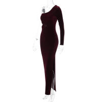 Vestido Dulzura De Veludo Largo Con Manga Completa Y Hombro Descubierto Para Mujer Elegante Y Sexy Con Abertura Lateral Adecuado Para Fiestas Y Noches De Otoño Y Invierno - details 5