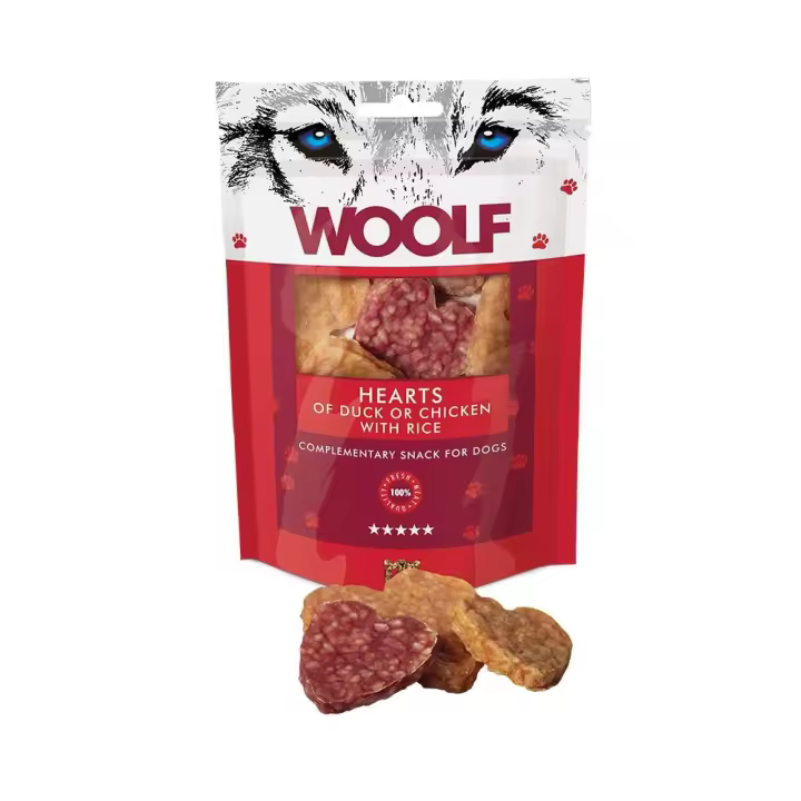 Deliciosos Corazones de Pato y Pollo para Perros 100gr - Snack Woolf - 1