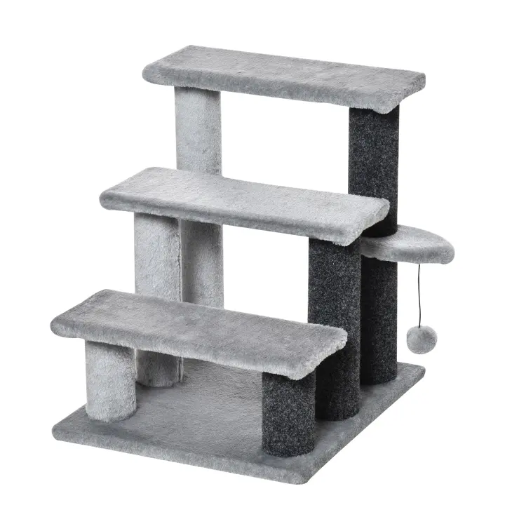PawHut Escaleras para Gatos de 3 Escalones Escaleras para Mascotas Árbol Rascador para Gatos Pequeño con Poste Rascador Bola Colgante 45x40x48 cm Gris - 1