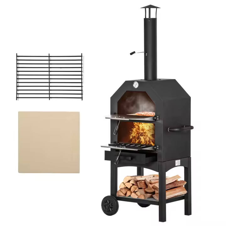 Outsunny Horno de Pizza Exterior con 2 Capas Horno de Leña con Ruedas Cajón Extraíble Estante de Almacenamiento para Terraza Camping Patio 64x54x160 cm Negro - 1