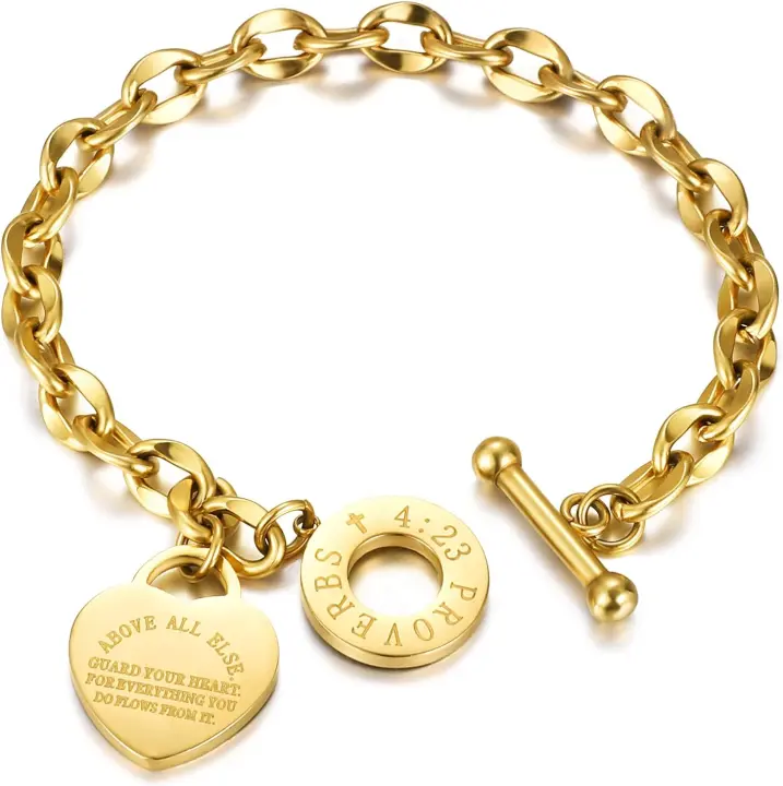 Pulsera con dije de corazón para Mujeres y adolescentes, versículo bíblico Grabado Proverbios 4:23, pulsera de Maple inoxidable with Cierres de Antiguo Testament, cadenas de Esnabones con pedante de Amor, Bi - 1