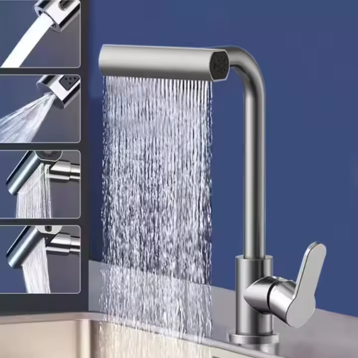 Grifo De Cocina Gris Con Cabeza Giratoria Y Rociador Flujo De Agua En Forma De Cascada Acero Inoxidable Tapau De Cocina - 1