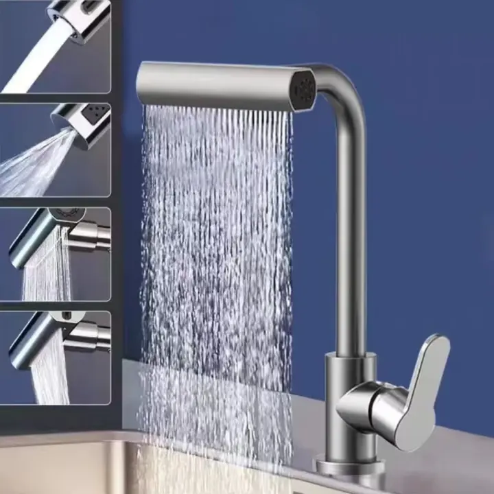 Grifo De Cocina Gris Con Cabeza Giratoria Y Rociador Flujo De Agua En Forma De Cascada Acero Inoxidable Tapau De Cocina - 1
