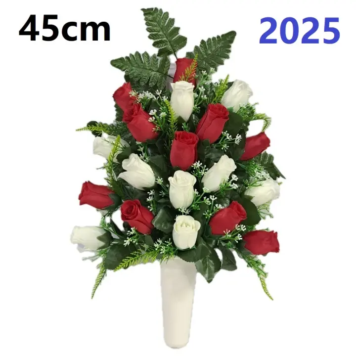 Centro de Flores para Cementerio - Ramos de Flores para Todos los Santos - Flores Artificiales de Tela - Ancho 30cm - Alto 45cm - 1