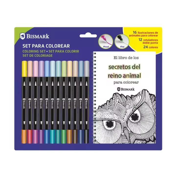 LIBRO MANDALAS ANIMALES + 12 ROTULADORES SURTIDOS BISMARK - 1