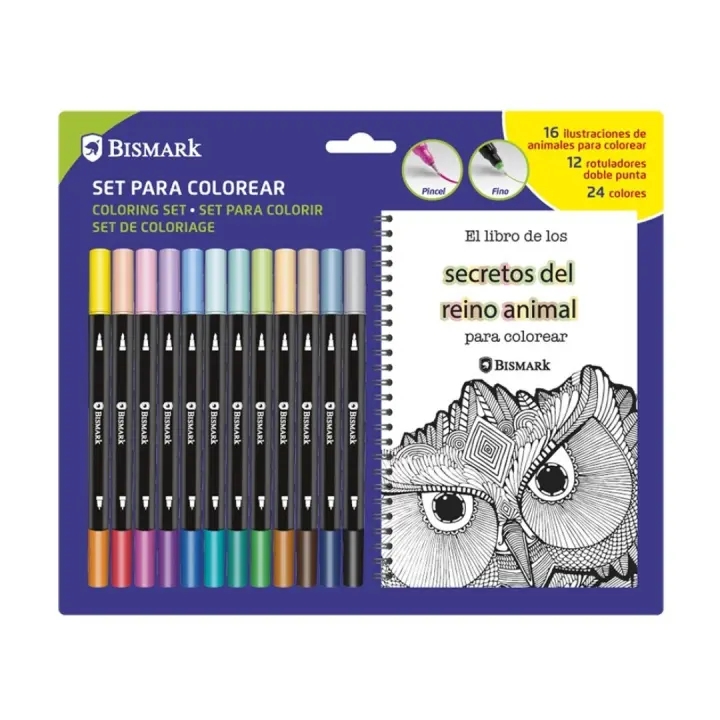 LIBRO MANDALAS ANIMALES + 12 ROTULADORES SURTIDOS BISMARK - 1