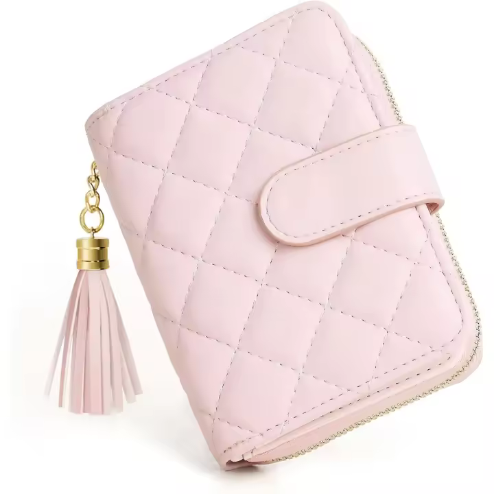 Cartera para tarjetas de crédito para mujer, tarjetero de piel acolchada con bloqueo RFID, tarjetero con cremallera, bolsillo para monedas con cremallera y ventana para DNI - Rosa - 1