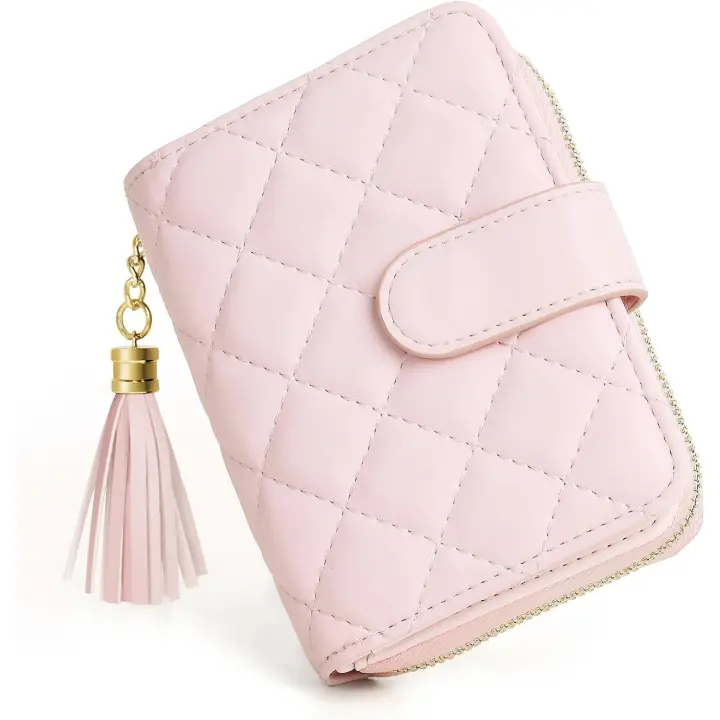Cartera para tarjetas de crédito para mujer, tarjetero de piel acolchada con bloqueo RFID, tarjetero con cremallera, bolsillo para monedas con cremallera y ventana para DNI - Rosa - 1