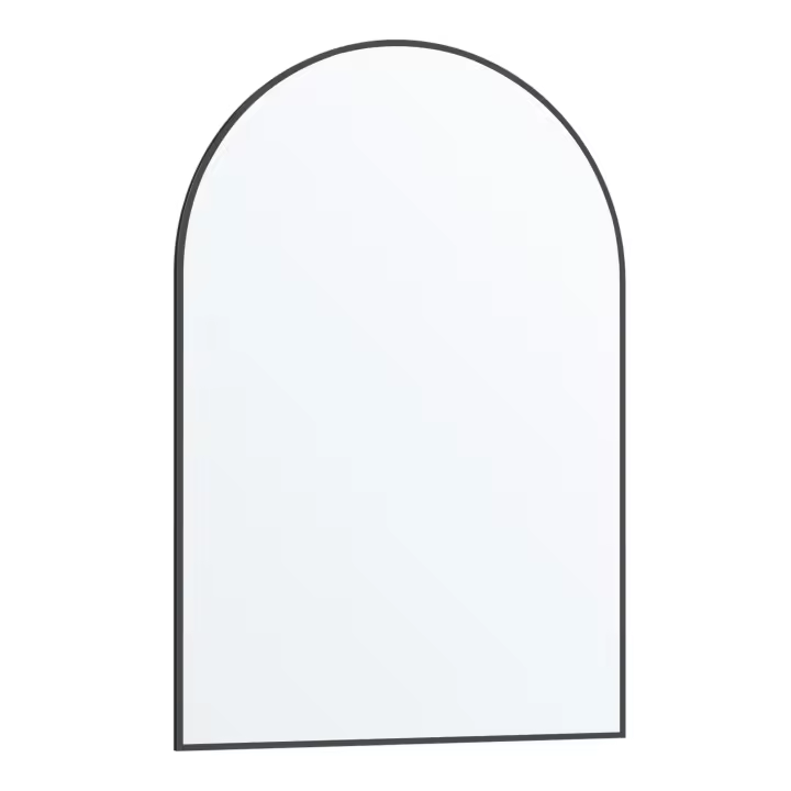SONGMICS Espejo de baño, espejo de pared, arqueado, marco de aluminio, 91 x 61 cm, lámina de seguridad, fácil montaje, para salón, dormitorio, regalos de Navidad para mujer, tinta negra/dorado claro - 1