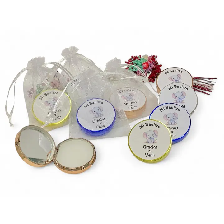 Lote 10 Bálsamos Labiales con espejo y aroma a Vainilla en bolsa de regalo de organza - Regalos para Invitados de Bautizo - 1