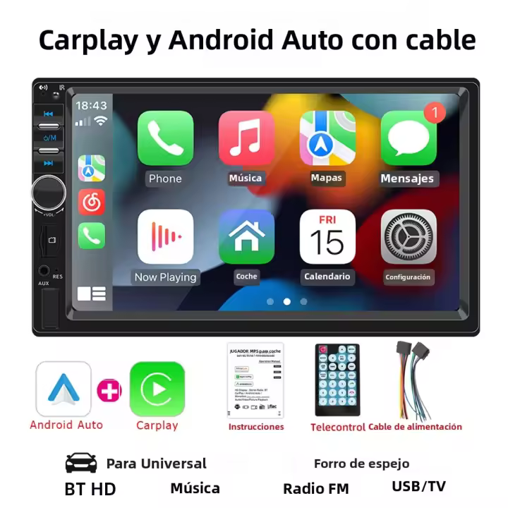 Receptor De Radio Para Coche HIPPBQCC 2 Din Tela Táctil 7 Pulgadas Con Carplay Android Auto FM USB TF Reproductor Multimedia De Audio - 1