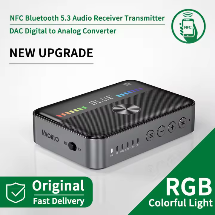 MOV-NFC Bluetooth 5.3 Receptor de Audio Transmisor RGB Luz Colorida USB 3.5MM AUX RCA Coaxial Óptico DAC Convertidor HIFI Adaptador Inalámbrico para PC TV Coche Altavoz Auriculares - 1