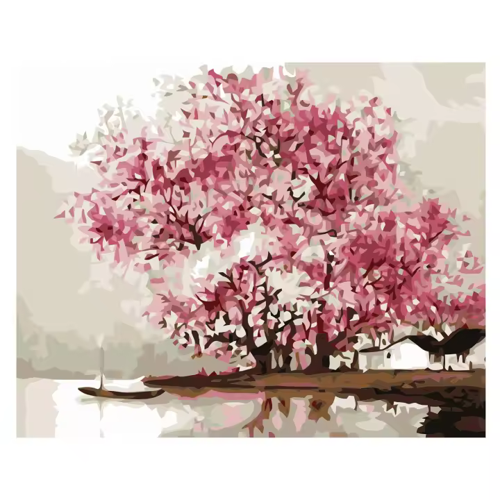 DAM. Lienzo con dibujo para pintar con números, de 40x50cm. Diseño árboles de primavera. Incluye pinceles y pinturas necesarias. 24,5x2,7x14 cm. - 1