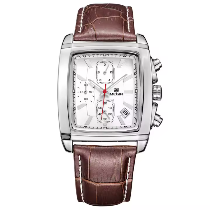 Reloj De Pulsera Deportivo Militar MEGIR Para Hombre Cronógrafo Cuarzo Rectangular Correa De Cuero Resistente Al Agua Y Shock - 1