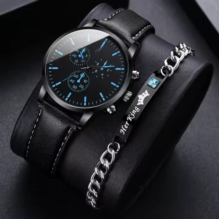 Reloj De Negocios Para Hombre 2PCS/set Reloj Analógico De Cuarzo Con Correa De Cuero Casual Joyería De Pulsera - 1