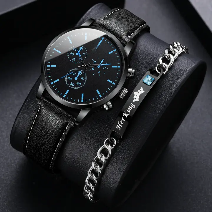 Reloj De Negocios Para Hombre 2PCS/set Reloj Analógico De Cuarzo Con Correa De Cuero Casual Joyería De Pulsera - 1