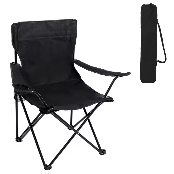 Silla playa camping pesca y caza plegable cierre tijera estructura acero con pintura Epoxi anticorrosión y lona poliéster Oxford 600 D negra, portavasos y bolsa de transporte - 1