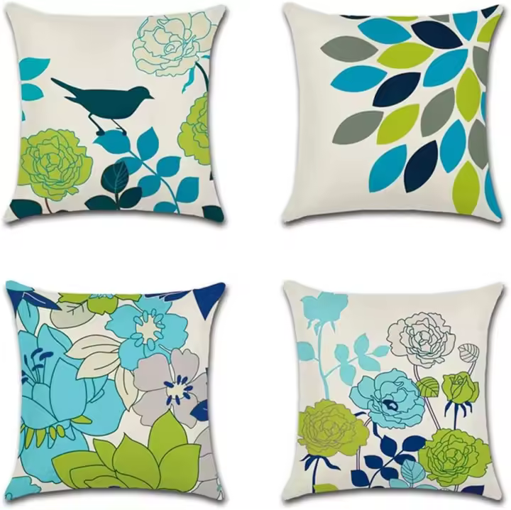 Juego de 4 fundas de juguete Decorativas de 45x45 cm, fundas de almohada impermeables con diseño de Flores y Pájaros en Azul y verde, Perfectas para colocar en un banco de Jardín - 1