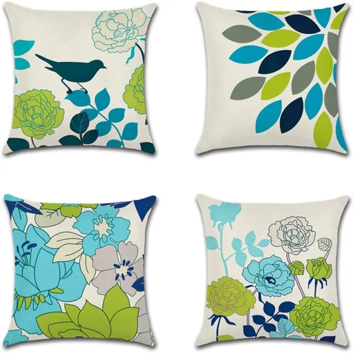 Juego de 4 fundas de juguete Decorativas de 45x45 cm, fundas de almohada impermeables con diseño de Flores y Pájaros en Azul y verde, Perfectas para colocar en un banco de Jardín - 1